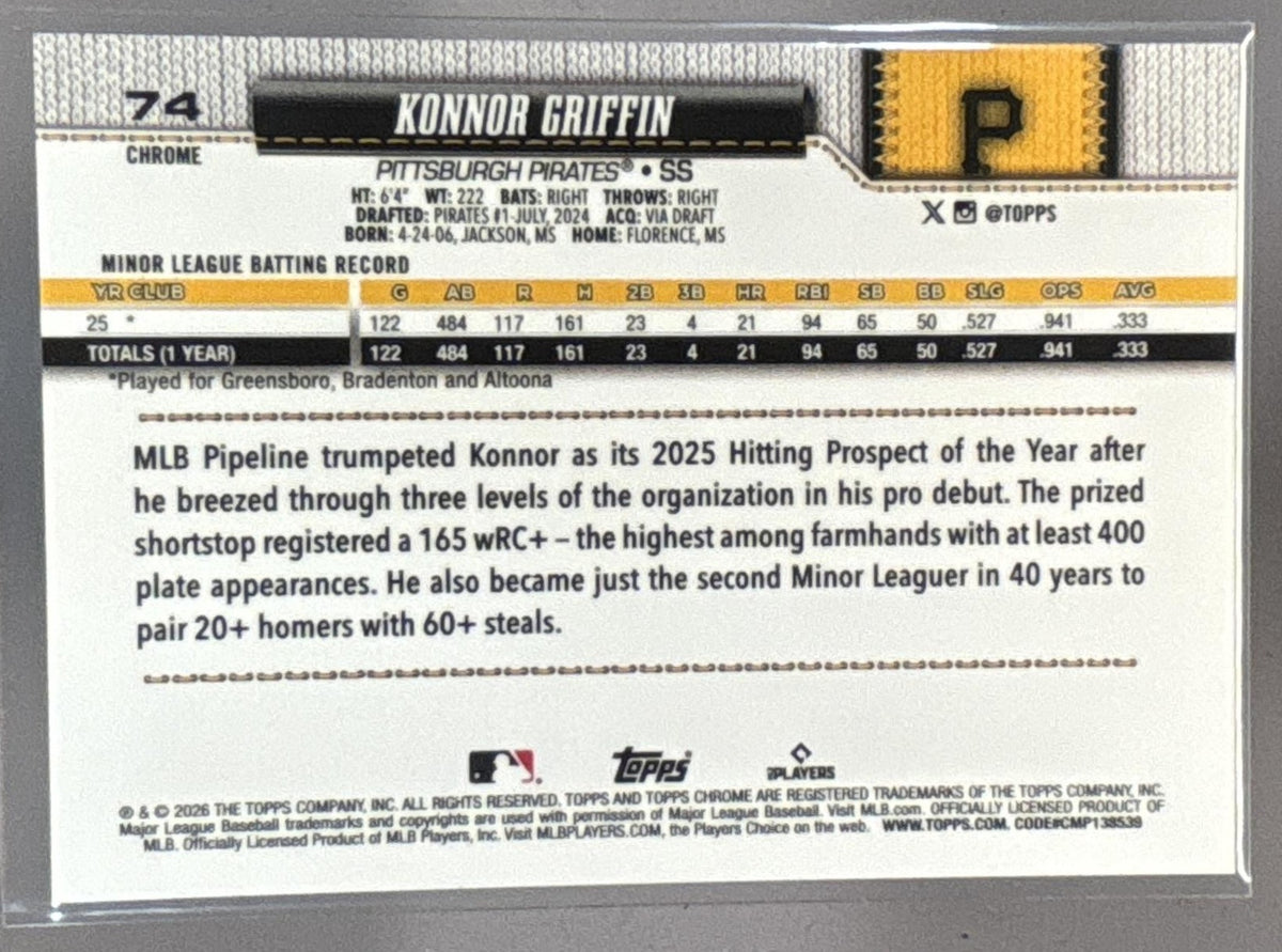 2026 Topps Chrome LogoFractor Konnor Griffin #74 Red Refractor 2/5 RC Pirates
