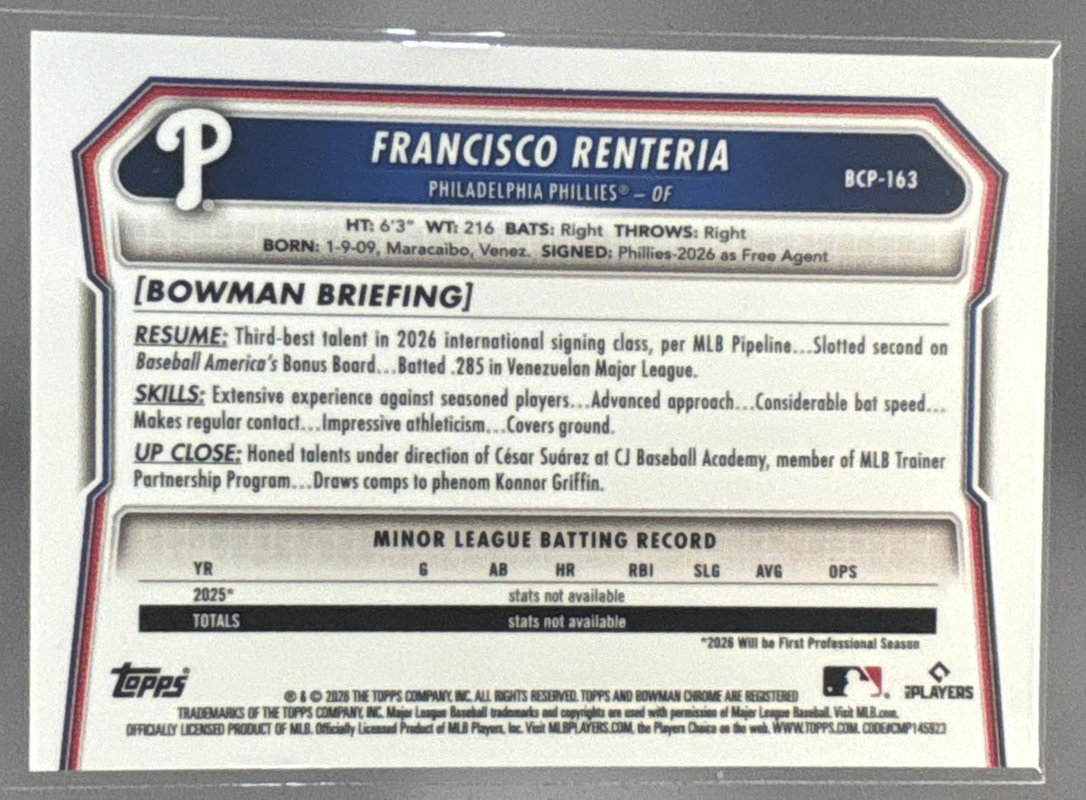 2026 Bowman Chrome Francisco Renteria #BCP-163 Speckle Refractor /299 1st Bowman