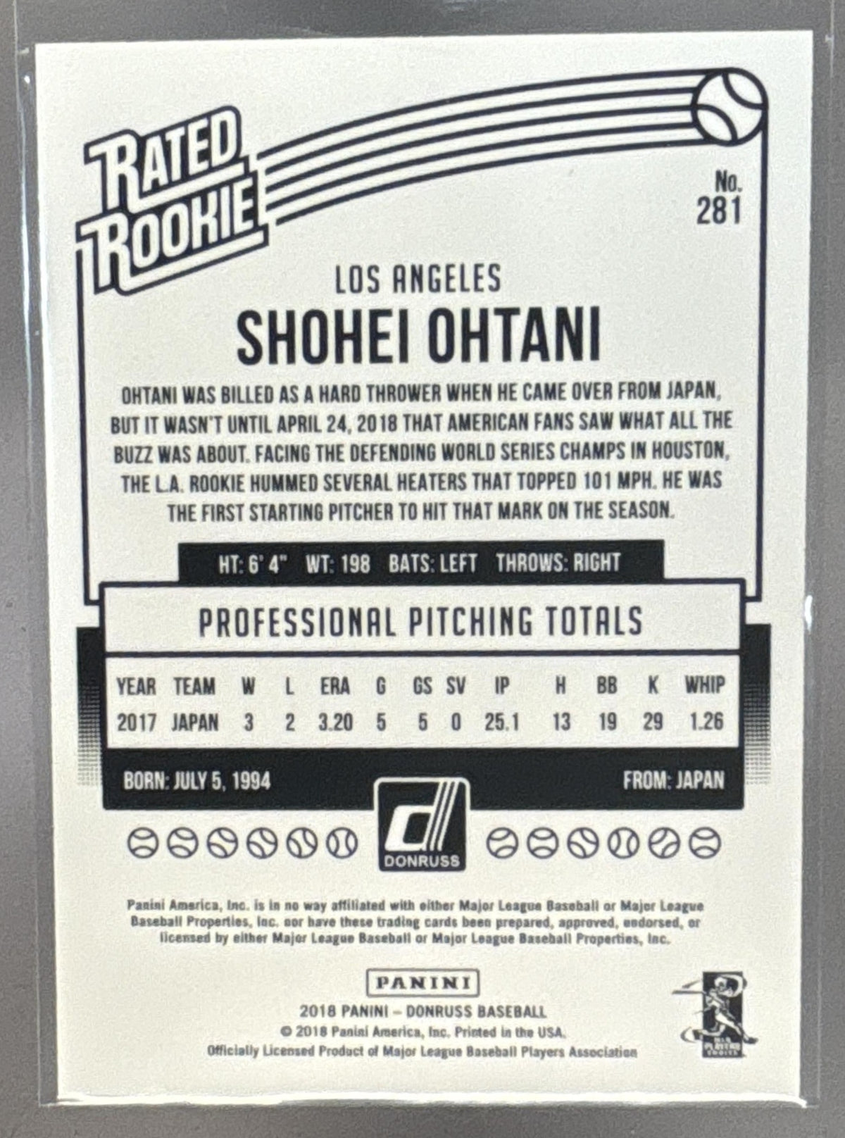 2018 Panini Donruss Shohei Ohtani #281 Wrapper Redemption Rated Rookie RC Angels
