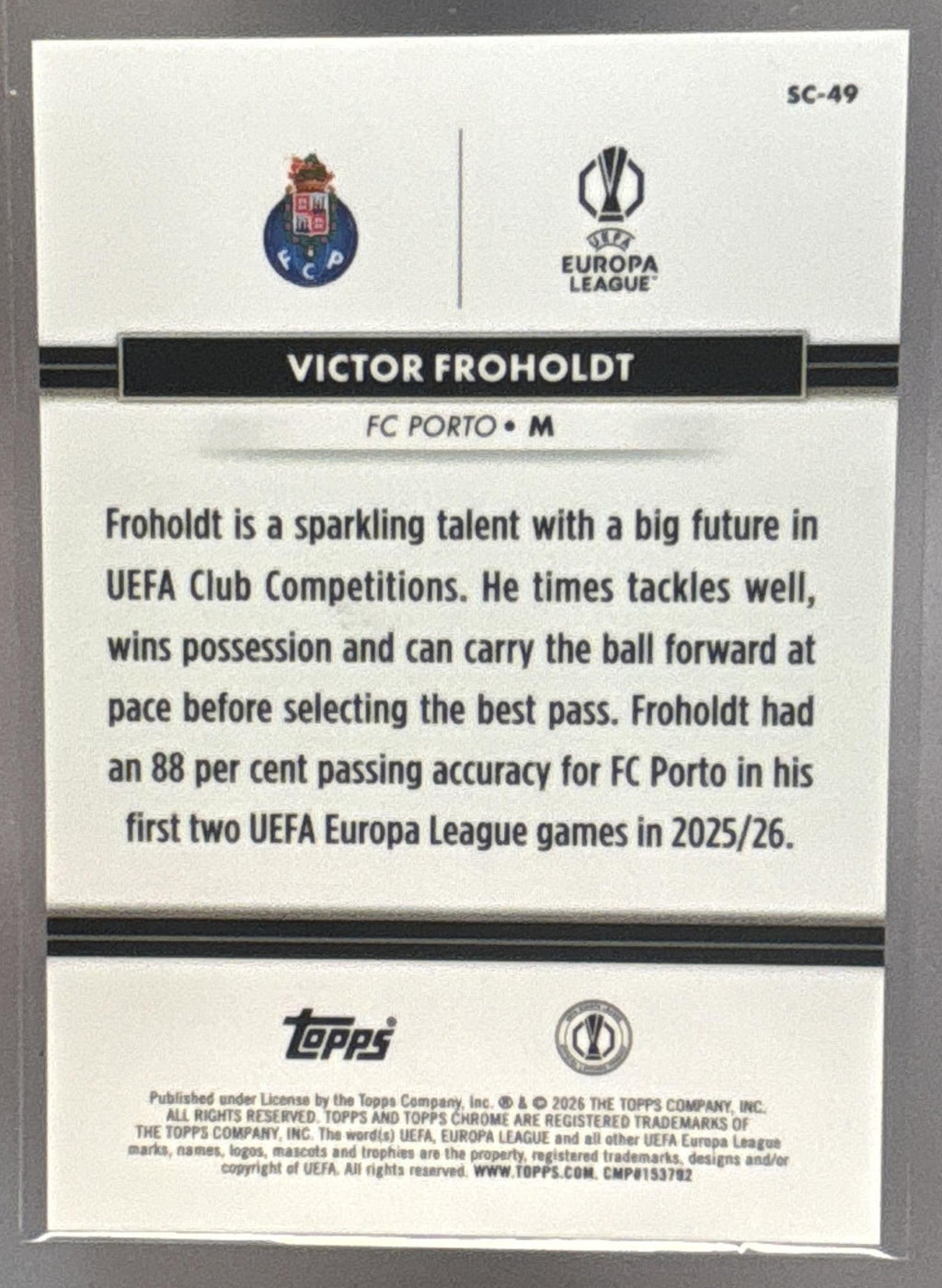 2026 Topps NSCC Collection Victor Froholdt #SC-49 UEFA Black Refractor 5/10 RC