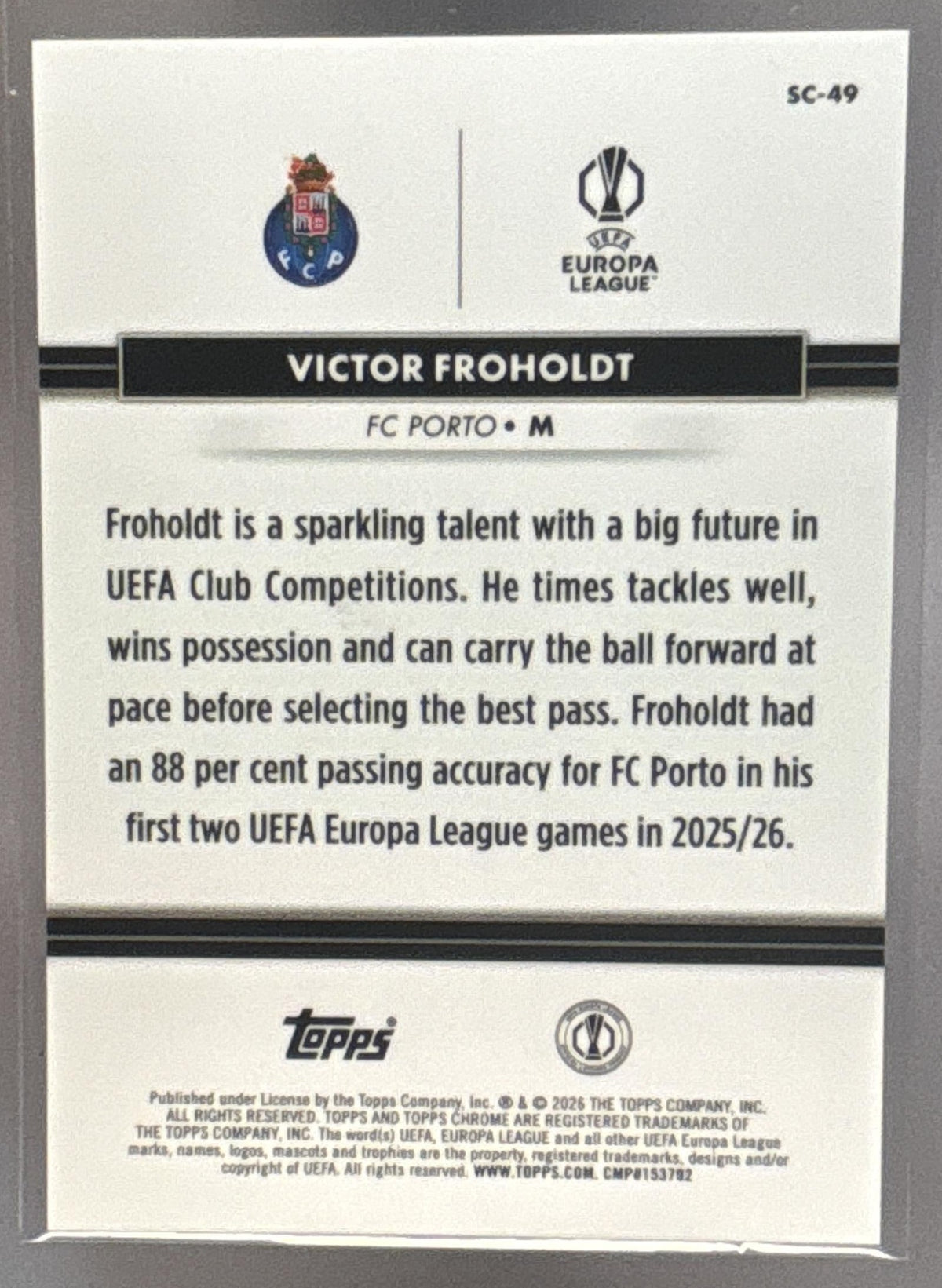 2026 Topps NSCC Collection Victor Froholdt #SC-49 UEFA Black Refractor 5/10 RC