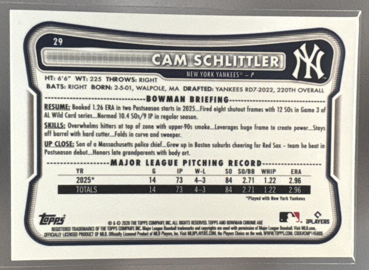 2026 Bowman Chrome Cam Schlittler #29 Aqua Geometric Refractor 99/125 RC Yankees