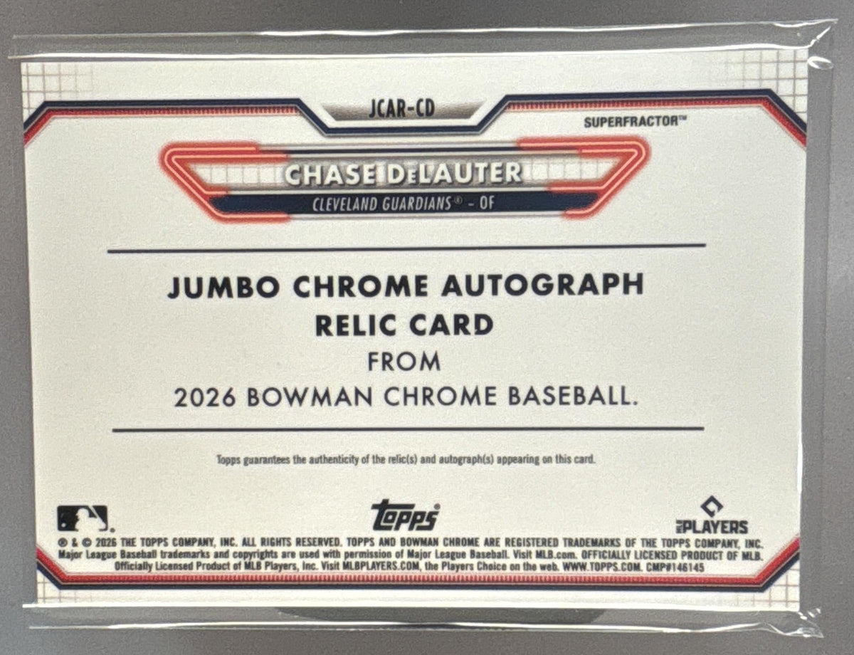2026 Bowman Chrome Chase DeLauter #JCAR-CD Jumbo Auto Relic 150/150 MEM SP RC