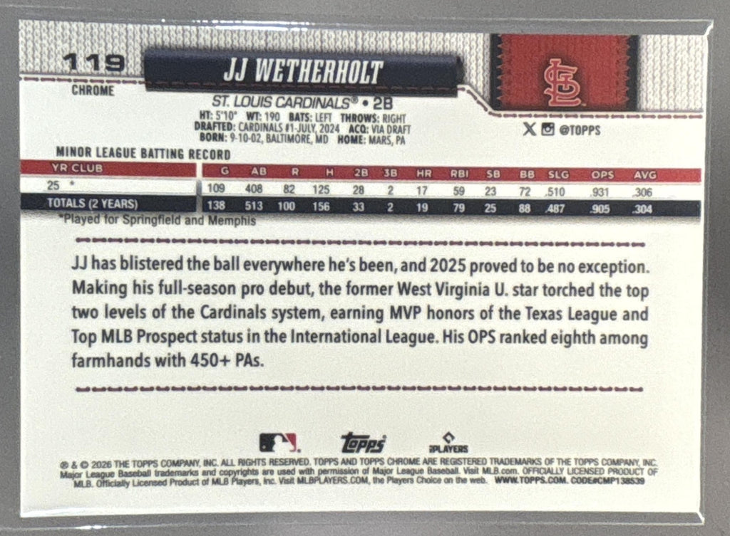 2026 Topps Chrome JJ Wetherholt #119 Purple Wave Refractor /75 RC Cardinals