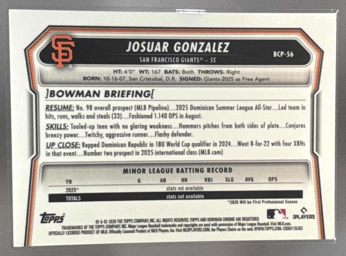 2026 Bowman Josuar Gonzalez Chrome Prospects Reptilian Orange Refractor /25