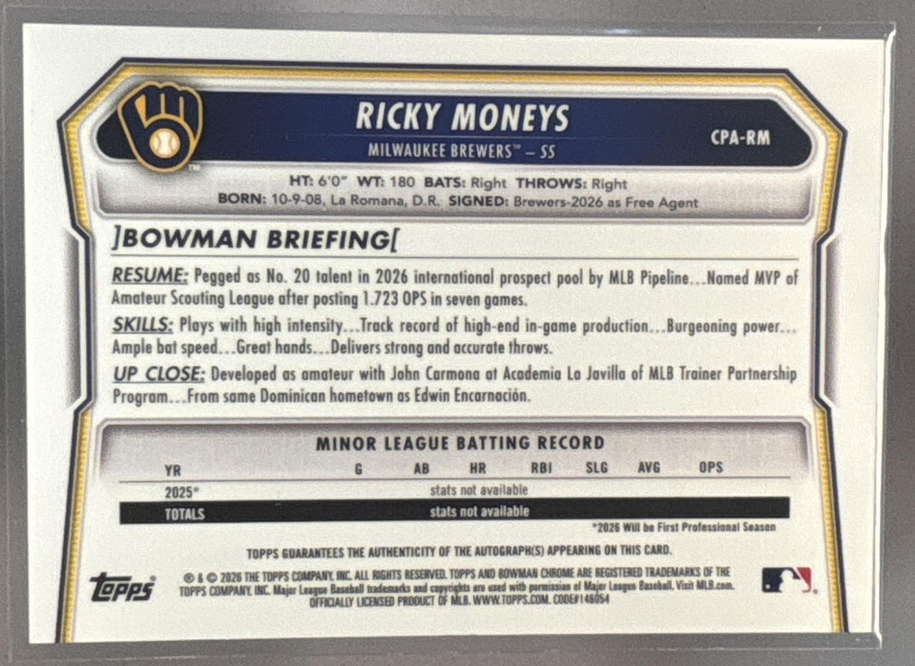 2026 Bowman Chrome Ricky Moneys #CPA-RM Auto Purple Refractor /250 1st Prospect