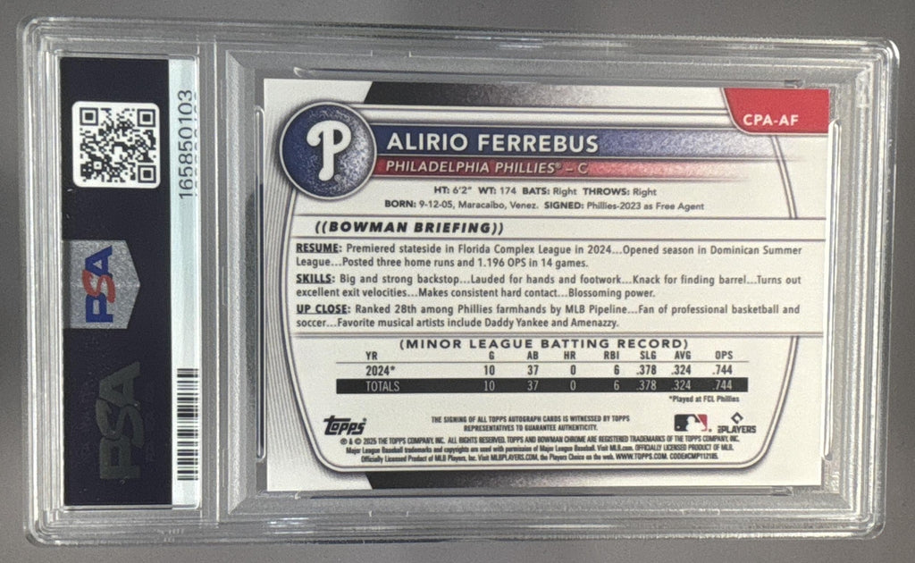 2025 Bowman Chrome Alirio Ferrebus #CPA-AF Auto Blue Refractor /150 1st PSA 9