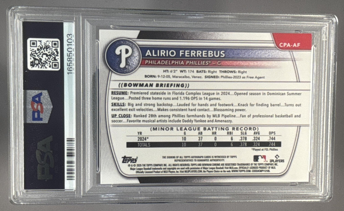 2025 Bowman Chrome Alirio Ferrebus #CPA-AF Auto Blue Refractor /150 1st PSA 9