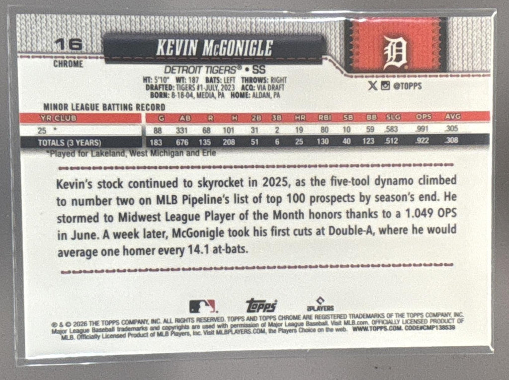 2026 Topps Chrome Sapphire Kevin McGonigle #16 RC Tigers