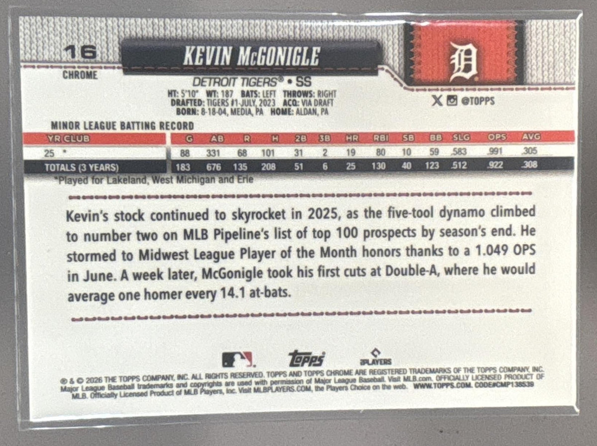 2026 Topps Chrome Sapphire Kevin McGonigle #16 RC Tigers