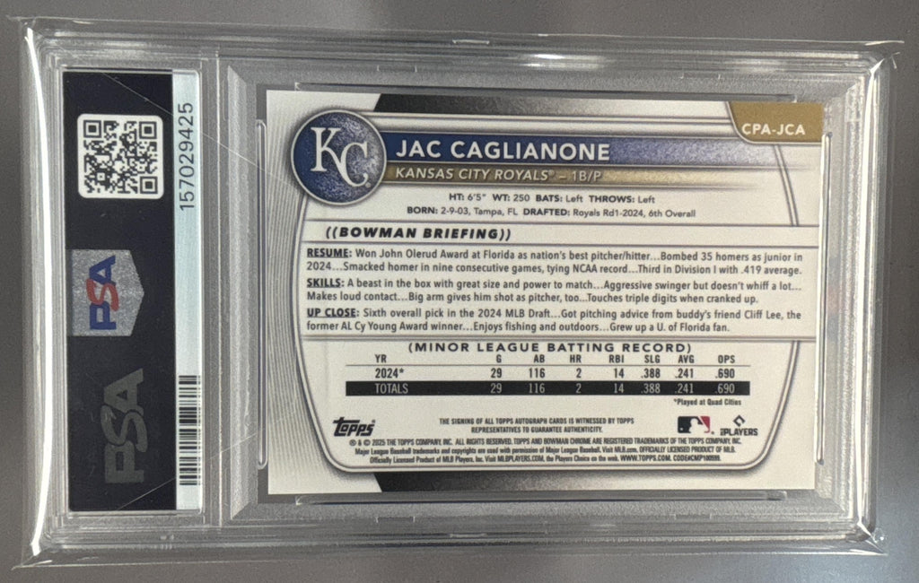 2025 Bowman Jac Caglianone #CPA-JCA Chrome Prospect Auto Royals PSA 9
