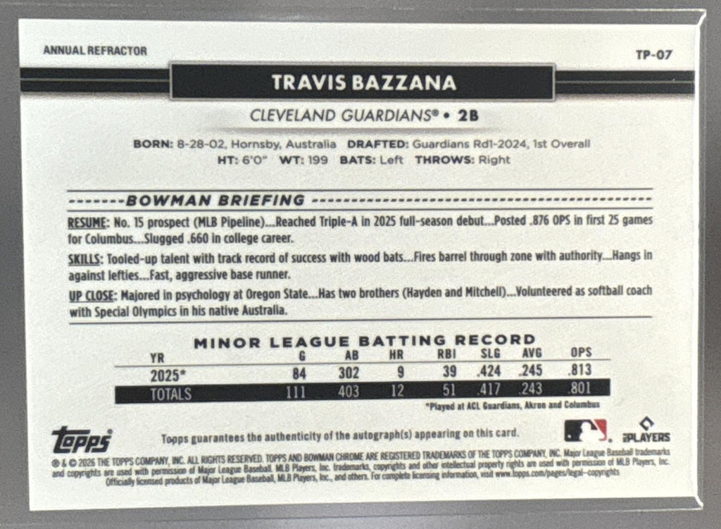 2026 Topps NSCC Collection Travis Bazzana #TP-07 Bowman Chrome Prospects Auto