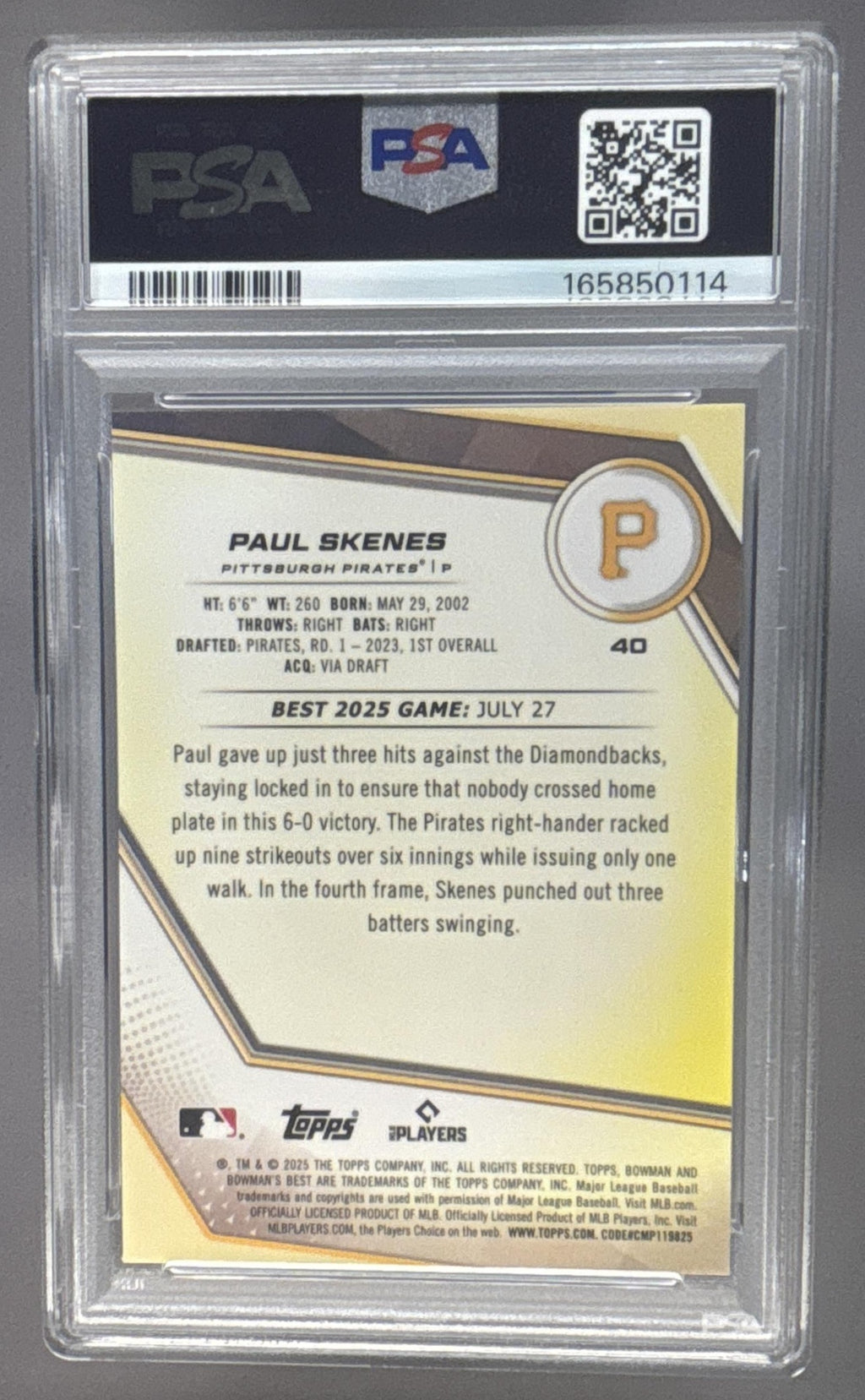 2025 Bowman's Best Paul Skenes #40 Purple Lazer Refractor /250 Pirates PSA 9