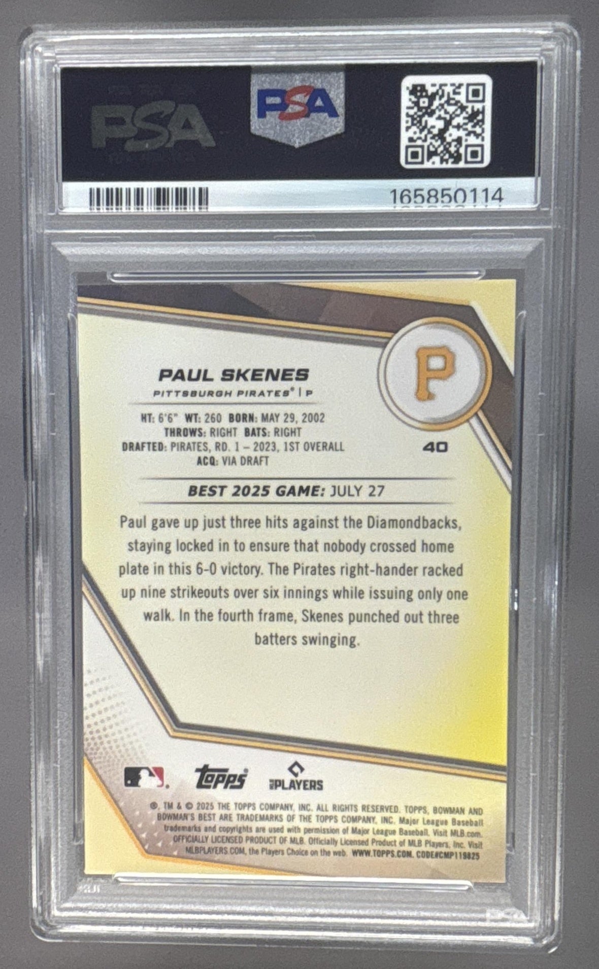 2025 Bowman's Best Paul Skenes #40 Purple Lazer Refractor /250 Pirates PSA 9