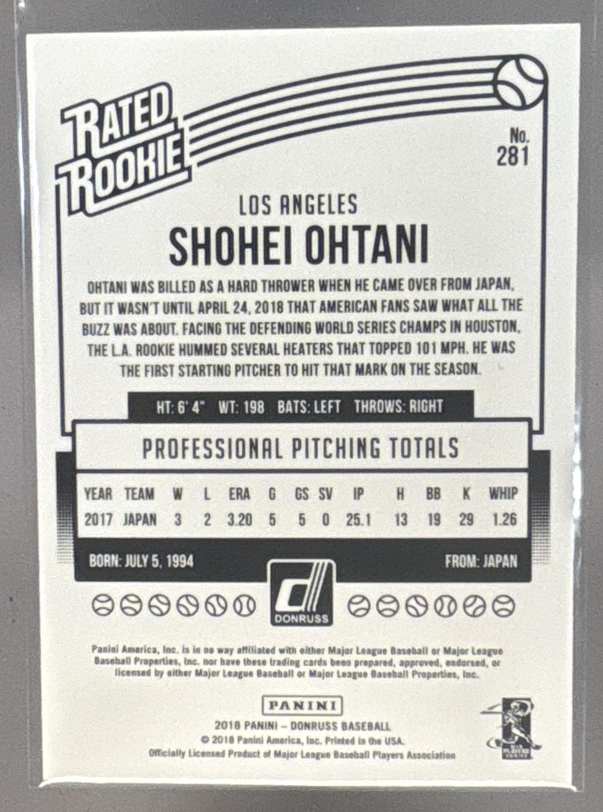 2018 Panini Donruss Shohei Ohtani #281 Wrapper Redemption Rated Rookie RC Angels