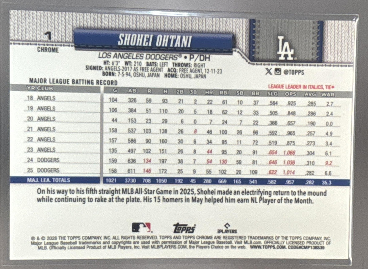2026 Topps Chrome Shohei Ohtani #1 Blue Wave Refractor /150 Dodgers