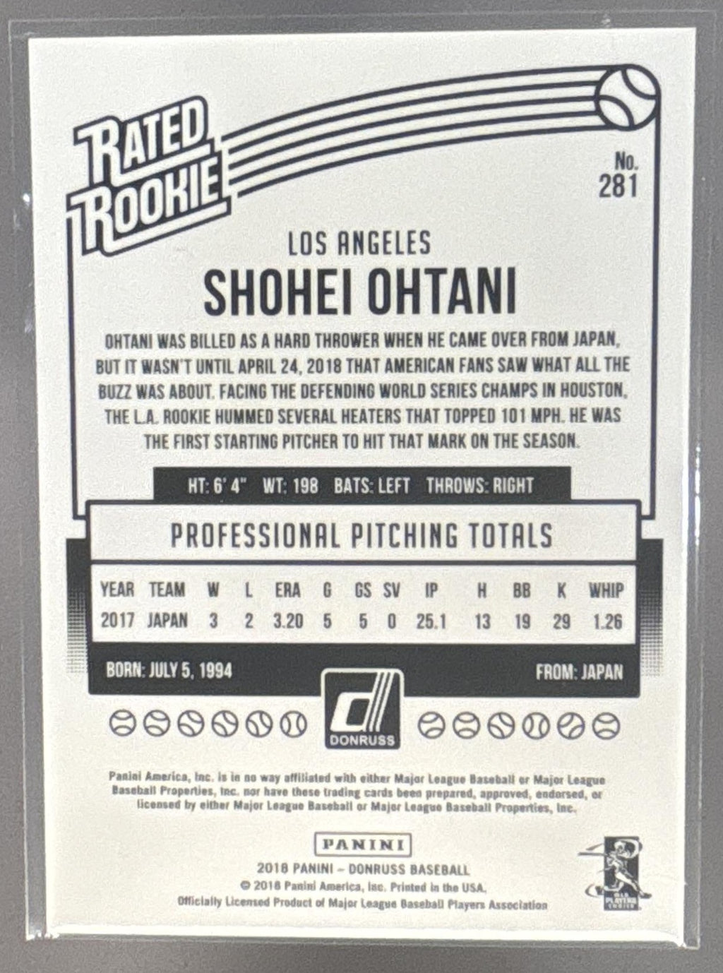 2018 Panini Donruss Shohei Ohtani #281 Wrapper Redemption Rated Rookie RC Angels