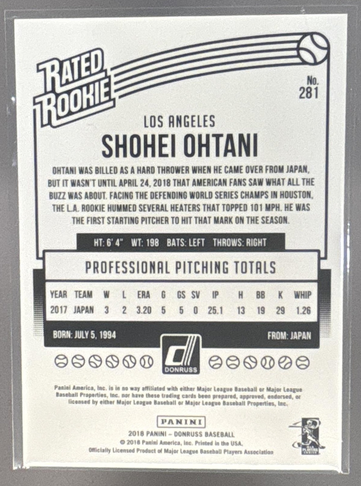 2018 Panini Donruss Shohei Ohtani #281 Wrapper Redemption Rated Rookie RC Angels