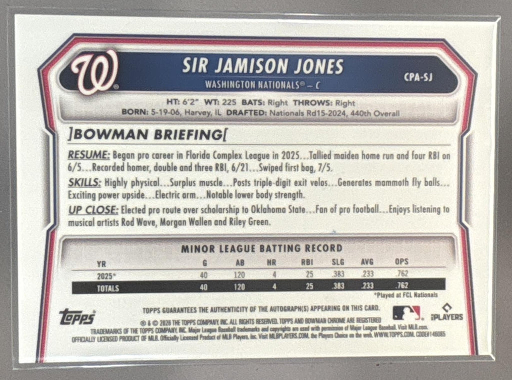 2026 Bowman Chrome Sir Jamison Jones #CPA-SJ Auto 1st Prospect Nationals