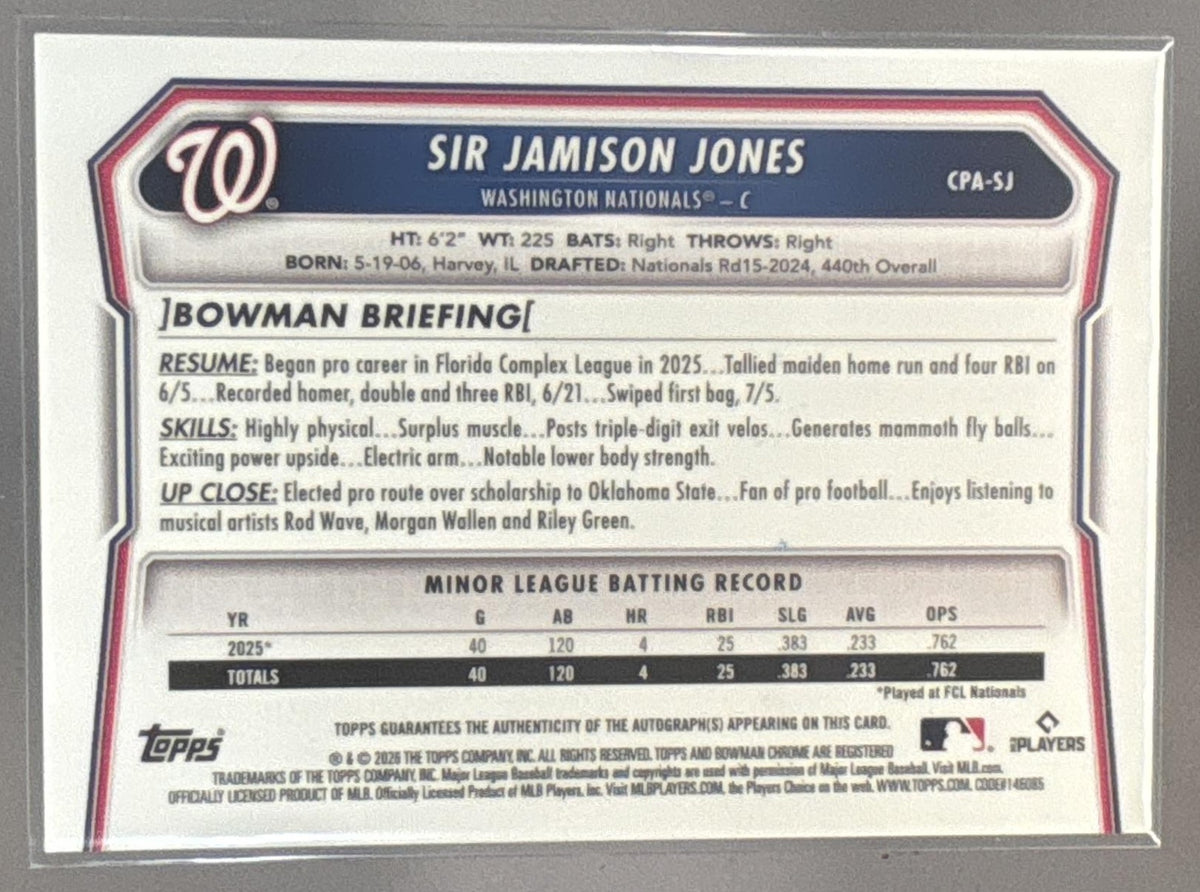 2026 Bowman Chrome Sir Jamison Jones #CPA-SJ Auto 1st Prospect Nationals
