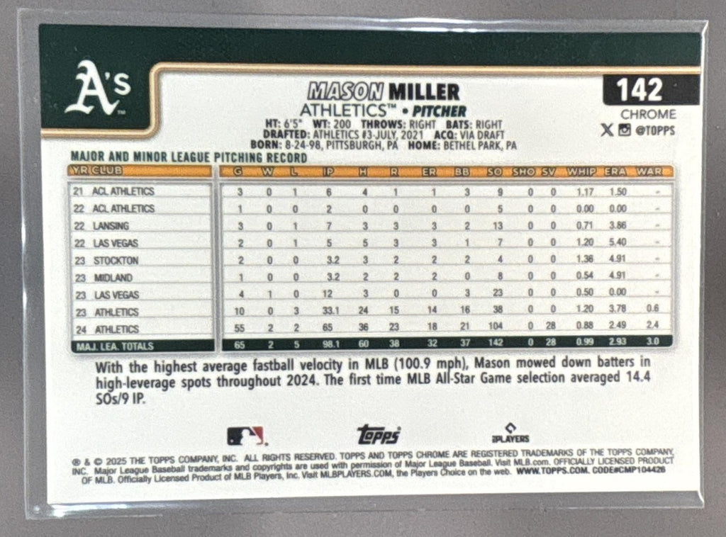 2025 Topps Chrome Mason Miller #142 Red Refractor 2/5 Athletics