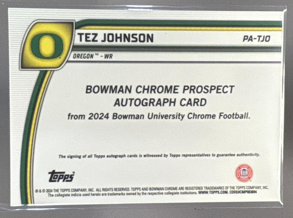 2024 Bowman Chrome University Tez Johnson Prospect Auto Gold Refractor /50