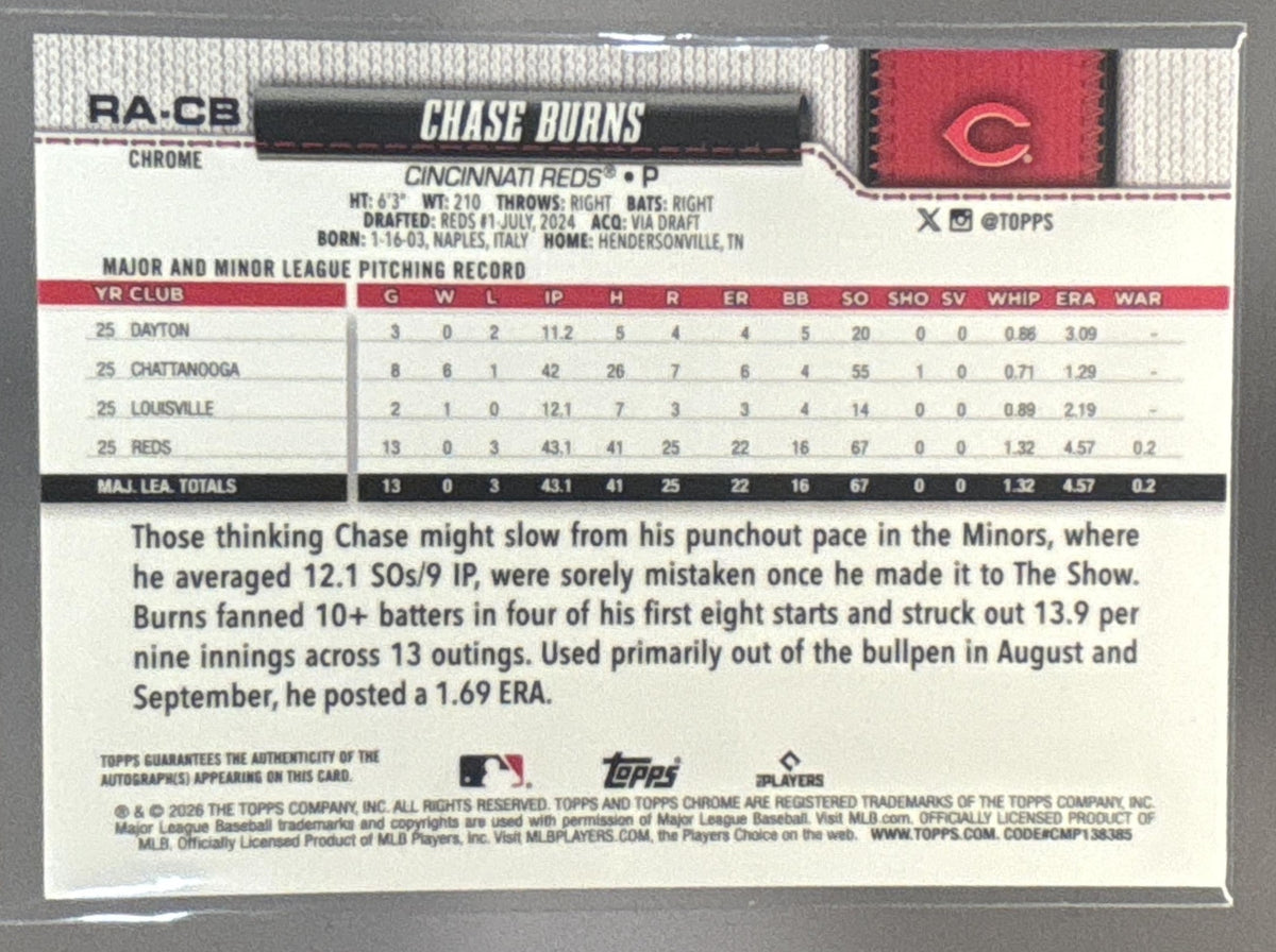2026 Topps Chrome Chase Burns #RA-CB Rookie Auto RC Reds