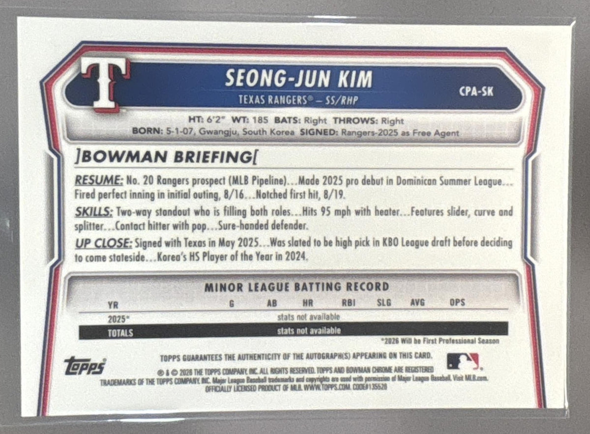 2026 Bowman Seong-Jun Kim #CPA-SK Chrome Auto Yellow Refractor /75 1st Prospect