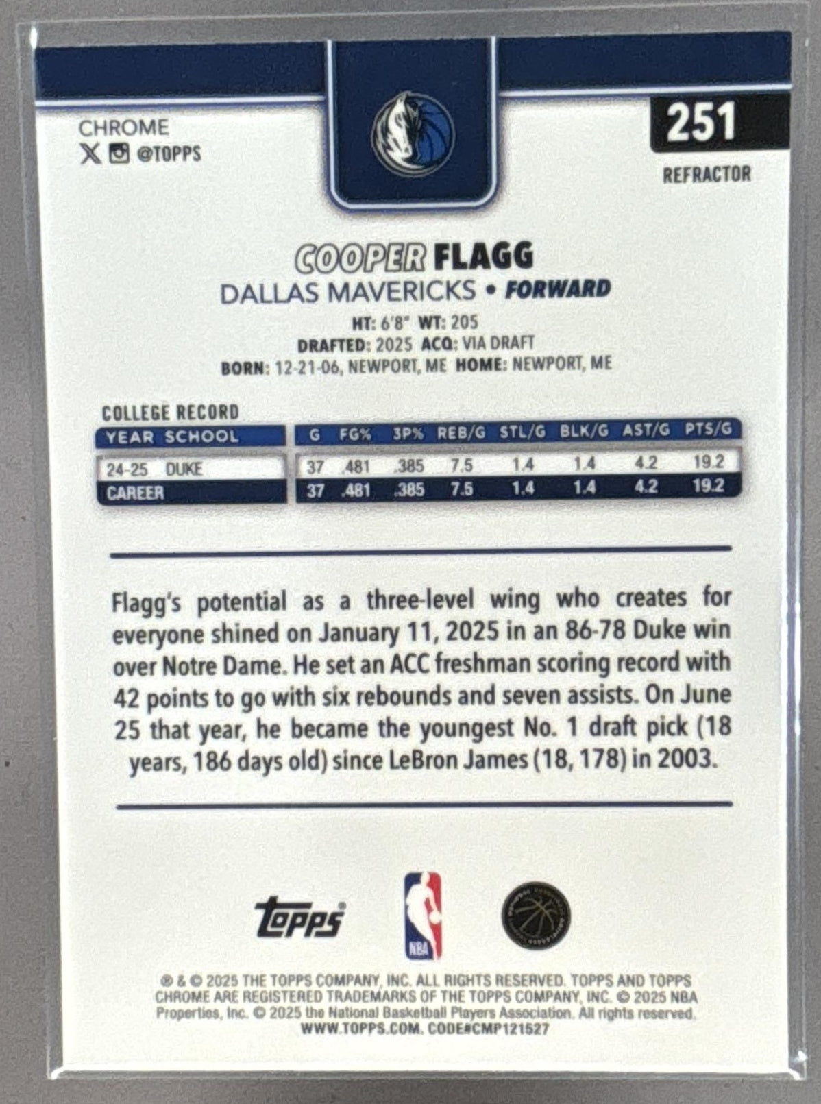 2025-26 Topps Chrome Cooper Flagg #251 Refractor RC Mavericks