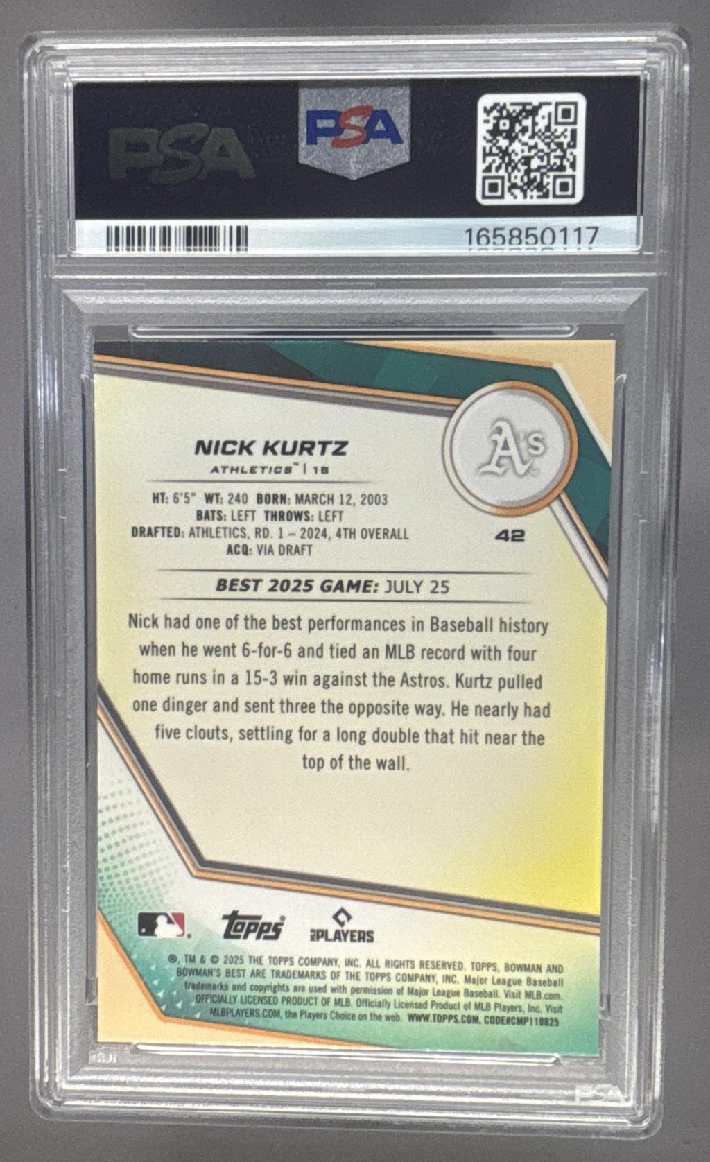 2025 Bowman's Best Nick Kurtz #42 Blue Lazer Refractor /150 RC Athletics PSA 10
