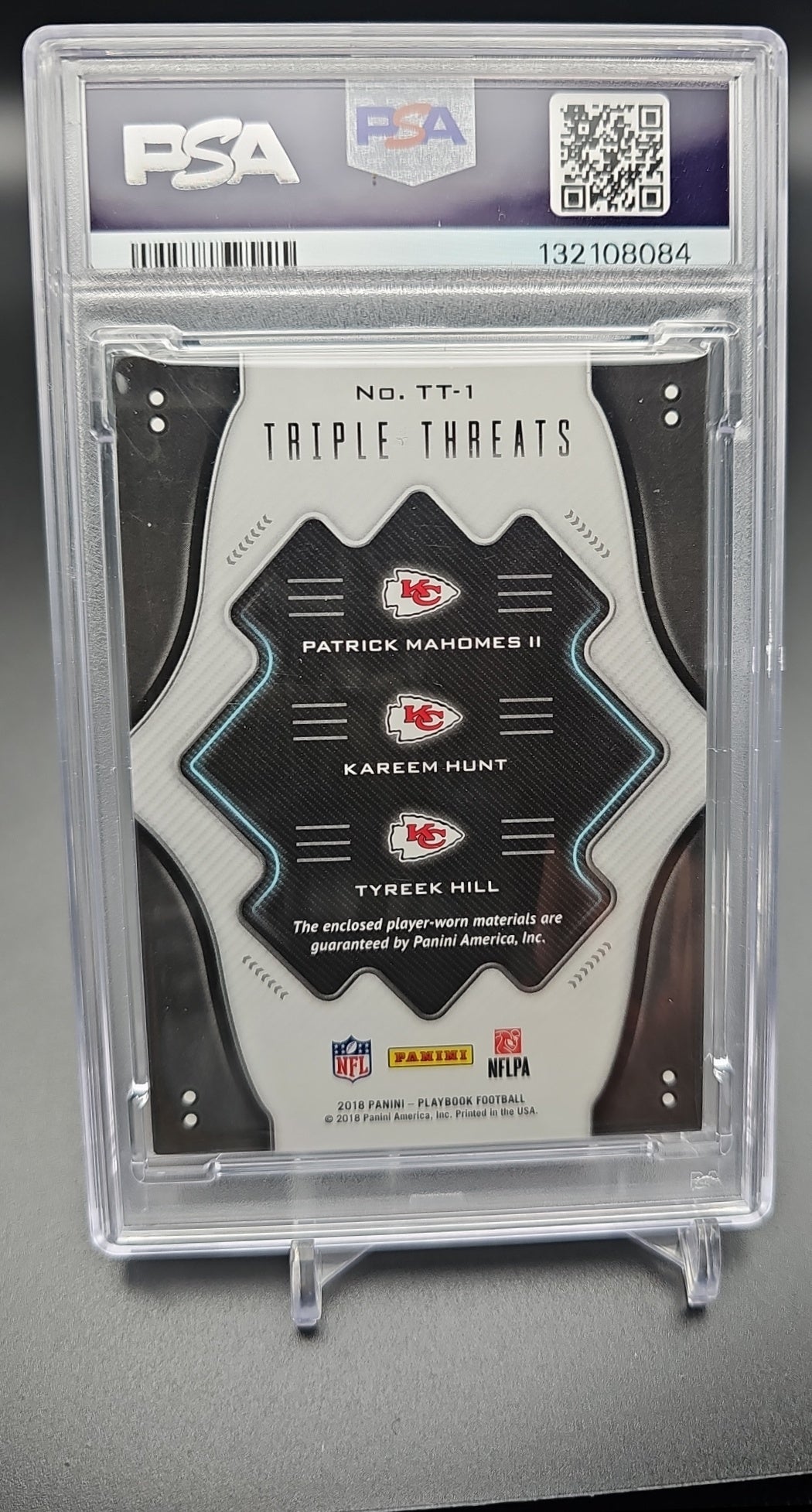 2018 Panini Playbook Tyreek Hill Kareem Hunt Patrick Mahomes II #TT-1 Triple Threats Relics /299 PSA 7 PSA 7.0 image 1