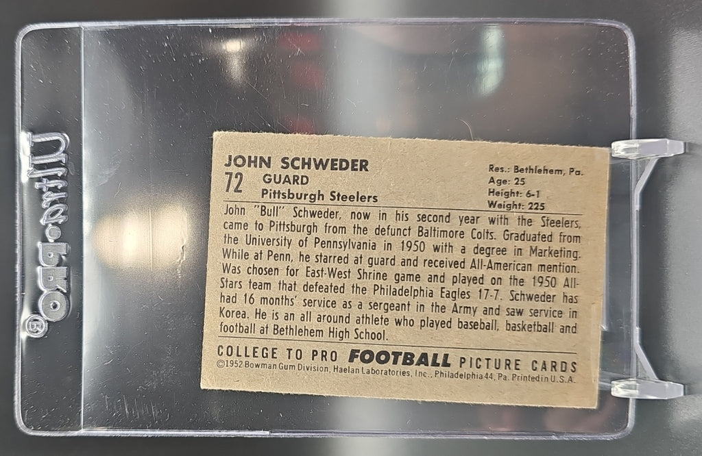1952 Bowman Small John Schweder #72 RC Steelers image 1