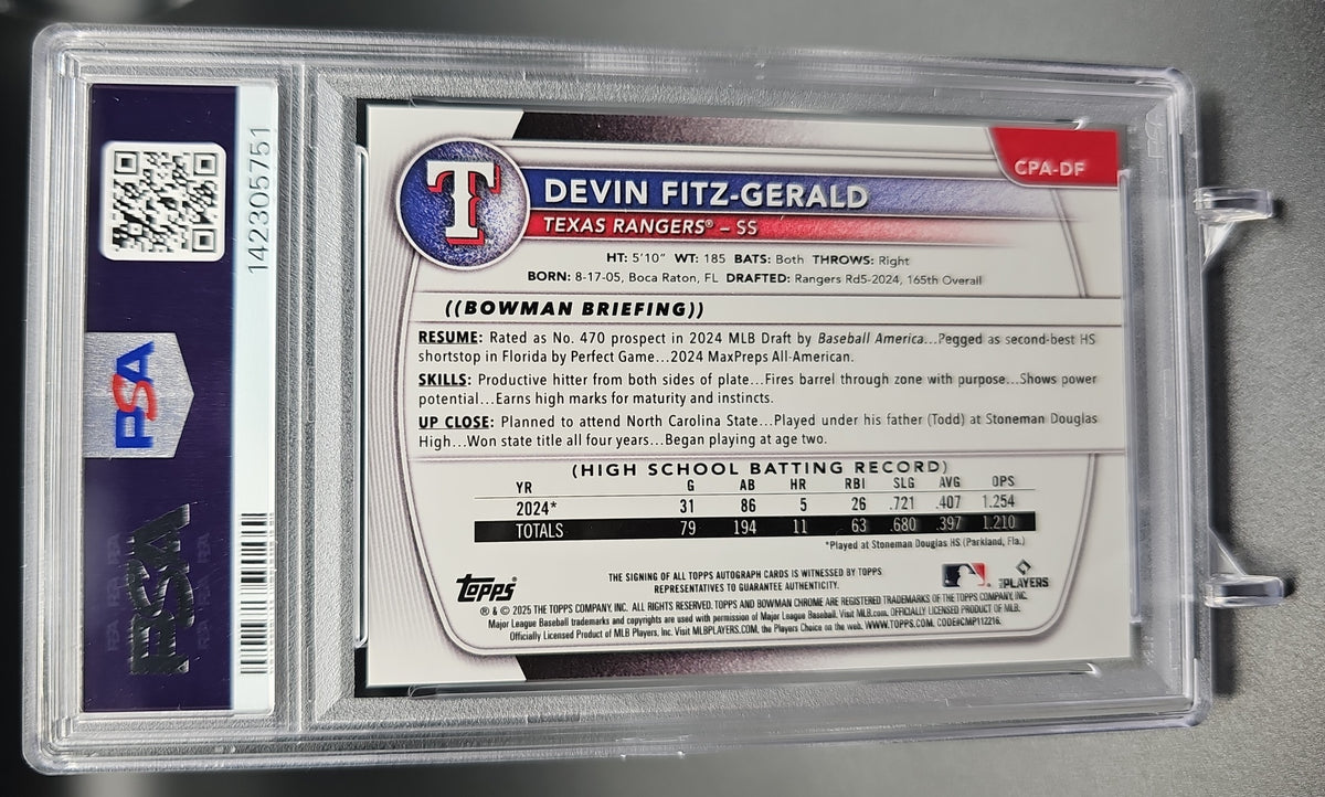 2025 Bowman Chrome Devin Fitz-Gerald #CPA-DF Auto Green Refractor /99 1st Prospect PSA 10 PSA 10.0 image 1