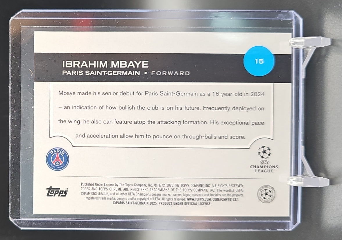 2024 Topps Chrome Sapphire UEFA Club Competitions Ibrahim Mbaye #15 Image Variation RC VAR image 1