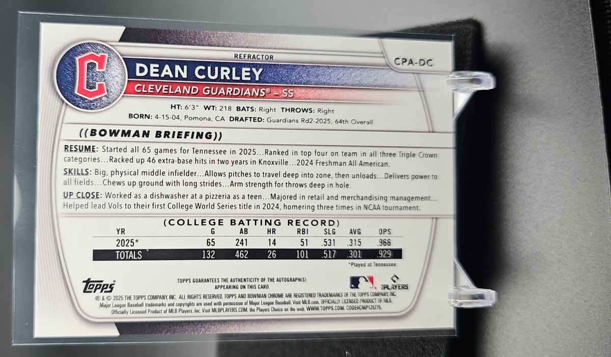 2025 Bowman Draft Dean Curley #CPA-DC Chrome Auto Refractor /499 1st Prospect image 1