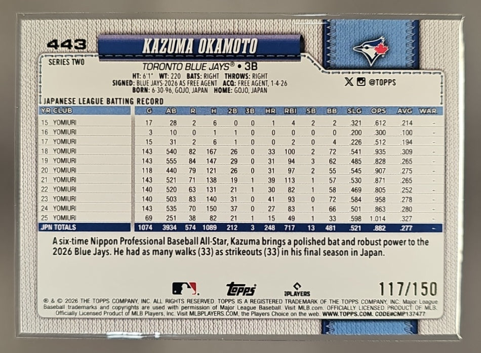 2026 Topps Series 2 Kazuma Okamoto #443 Blue Rainbow Foil 117/150 RC Jays image 1
