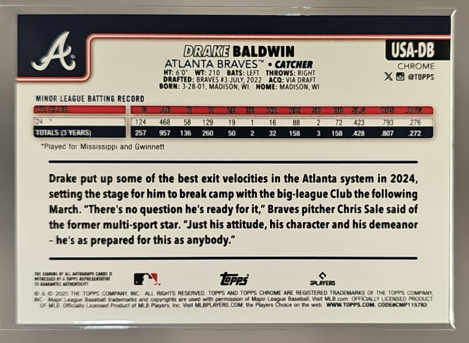 2025 Topps Chrome Update Sapphire Drake Baldwin #USA-DB Auto Green Refractor /99 RC image 1