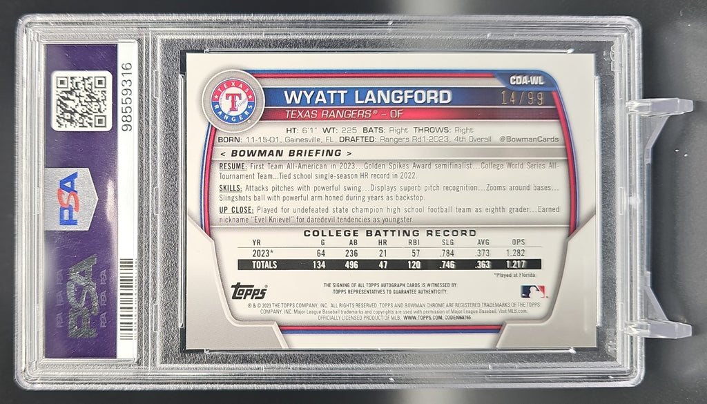 2023 Bowman Draft Wyatt Langford #CDA-WL Chrome Auto Green Lava Refractor /99 1st Prospect PSA 9 PSA 9.0 image 1