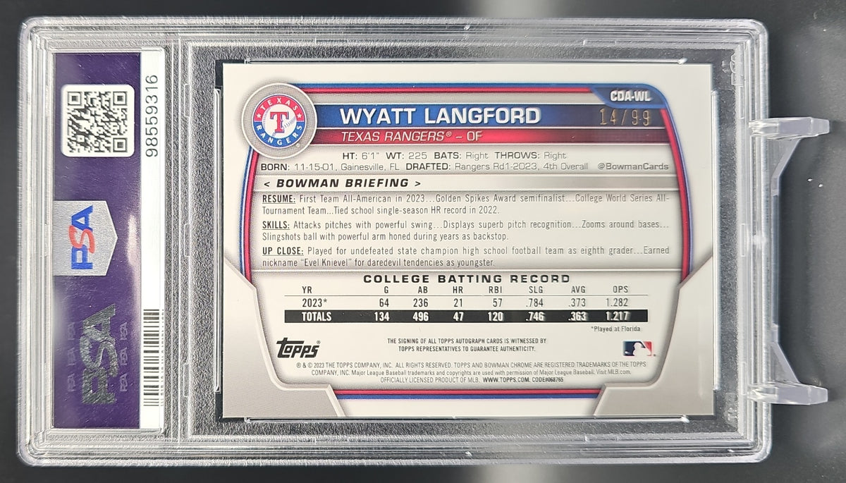 2023 Bowman Draft Wyatt Langford #CDA-WL Chrome Auto Green Lava Refractor /99 1st Prospect PSA 9 PSA 9.0 image 1