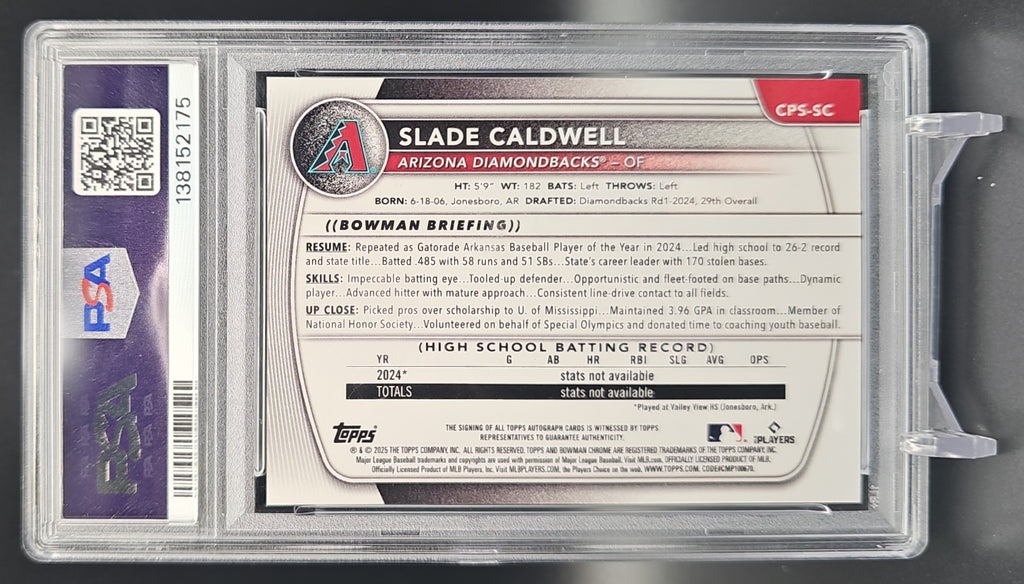 2025 Bowman Sapphire Slade Caldwell #CPS-SC Chrome Auto Gold Refractor /50 1st Prospect PSA 9 PSA 9.0 image 1