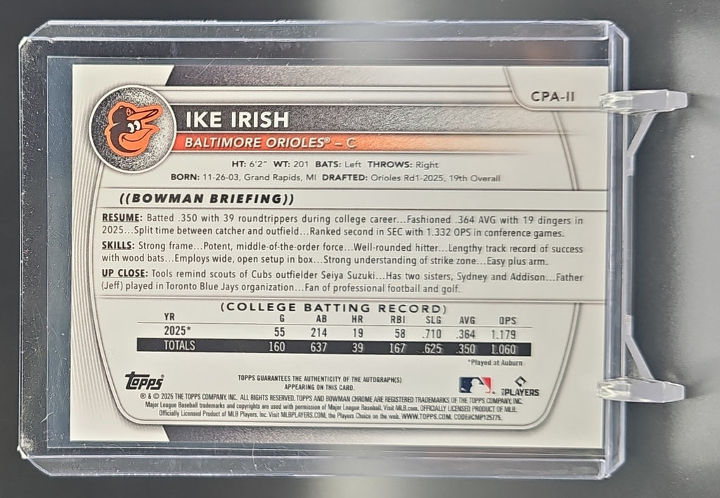 2025 Bowman Draft Ike Irish #CPA-II Chrome Auto 1st Prospect Orioles nan nan image 1