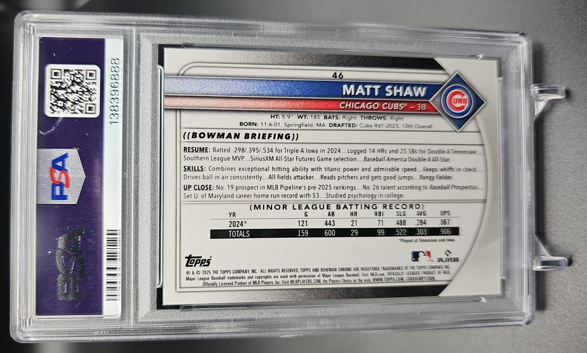 2025 Bowman Chrome Matt Shaw #46 Black Refractor /10 RC Cubs PSA 9 PSA 9.0 image 1