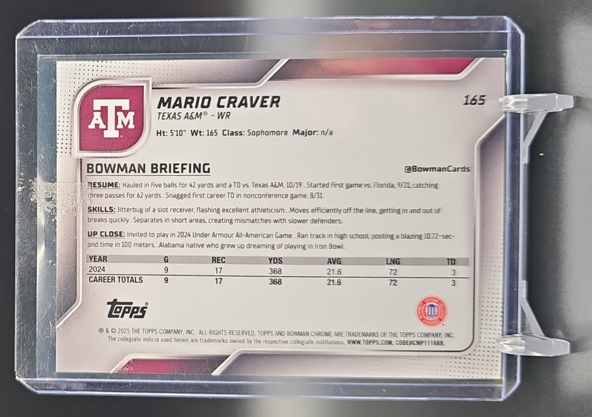 2025 Bowman Chrome University Mario Craver #165 Black & Gold Stealth Refractor /25 1st Prospect nan nan image 1