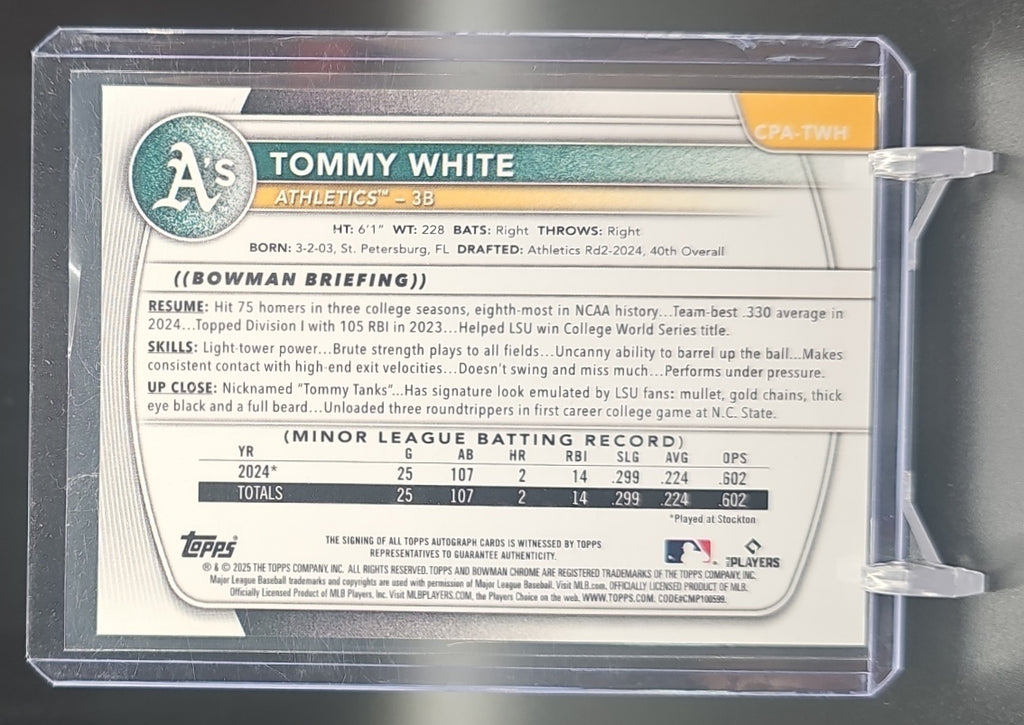 2025 Bowman Chrome Tommy White #CPA-TWH Auto Purple Refractor /250 1st Prospect image 1