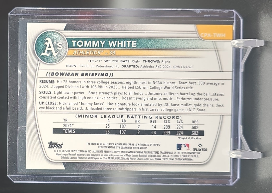 2025 Bowman Chrome Tommy White #CPA-TWH Auto Purple Refractor /250 1st Prospect image 1