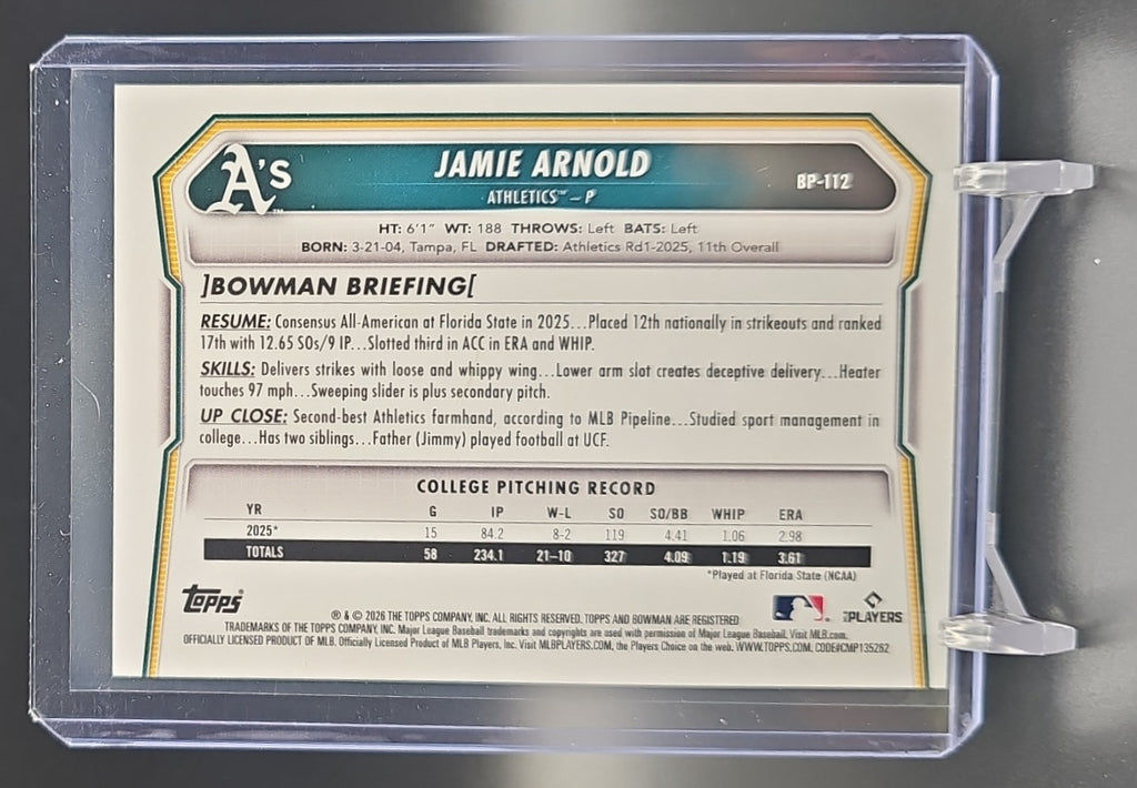 2026 Bowman Jamie Arnold #BP-112 Prospects Yellow Border 29/75 Athletics nan nan image 1