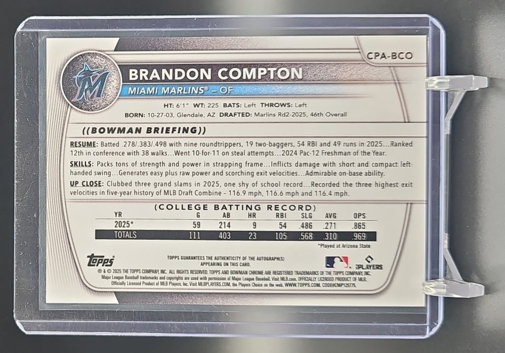 2025 Bowman Draft Sapphire Brandon Compton #CPA-BCO Chrome Auto Gold Refractor /50 1st Prospect nan nan image 1