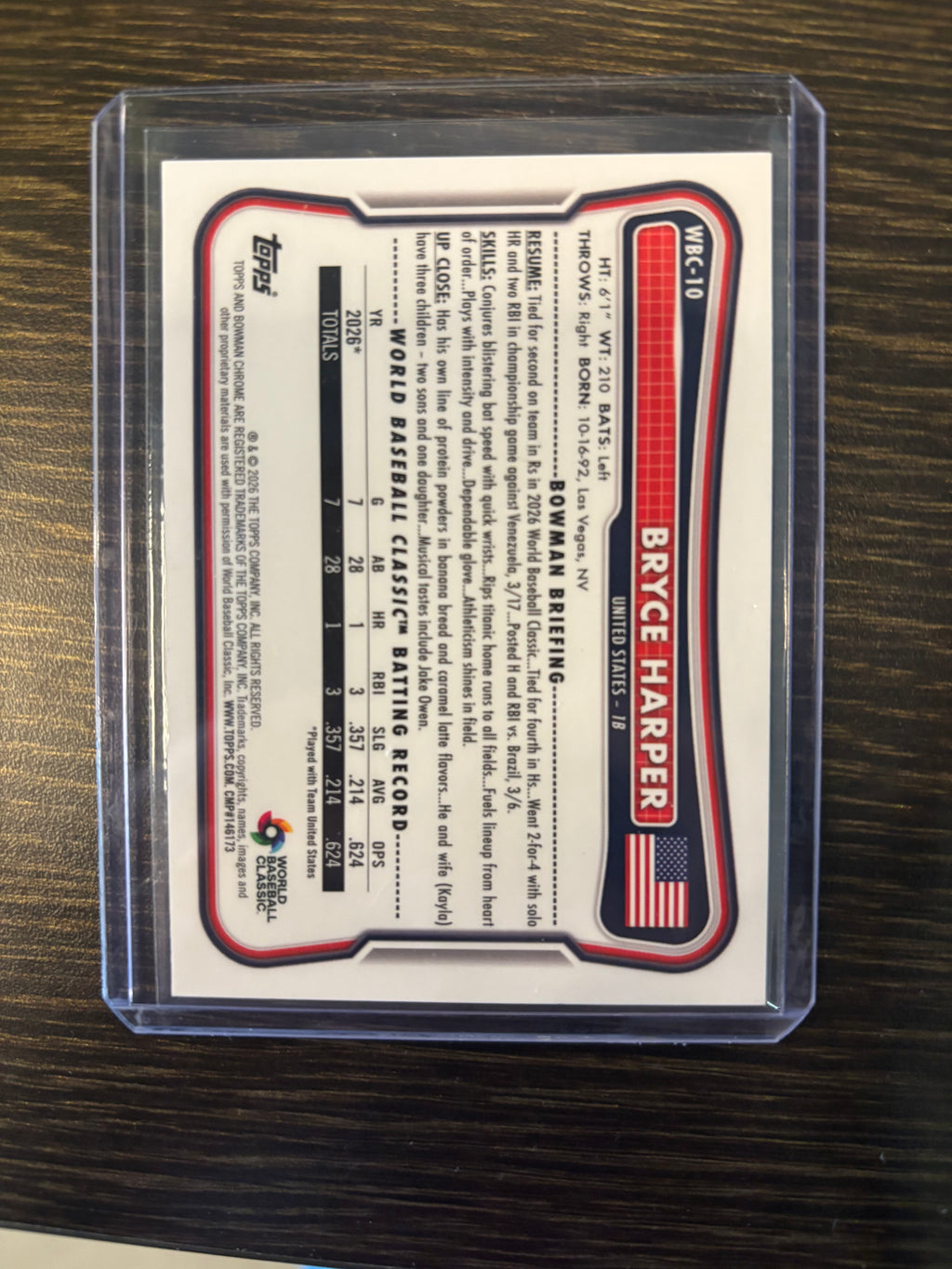 2026 Bowman Chrome Bryce Harper #WBC-10 WBC Flag Variation 201/499