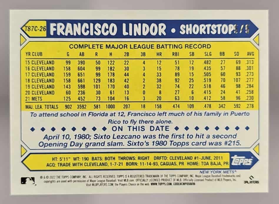 2022 Topps Francisco Lindor #T87C-26 1987 Baseball 35th Anniversary Chrome Series One Red /5 image 1