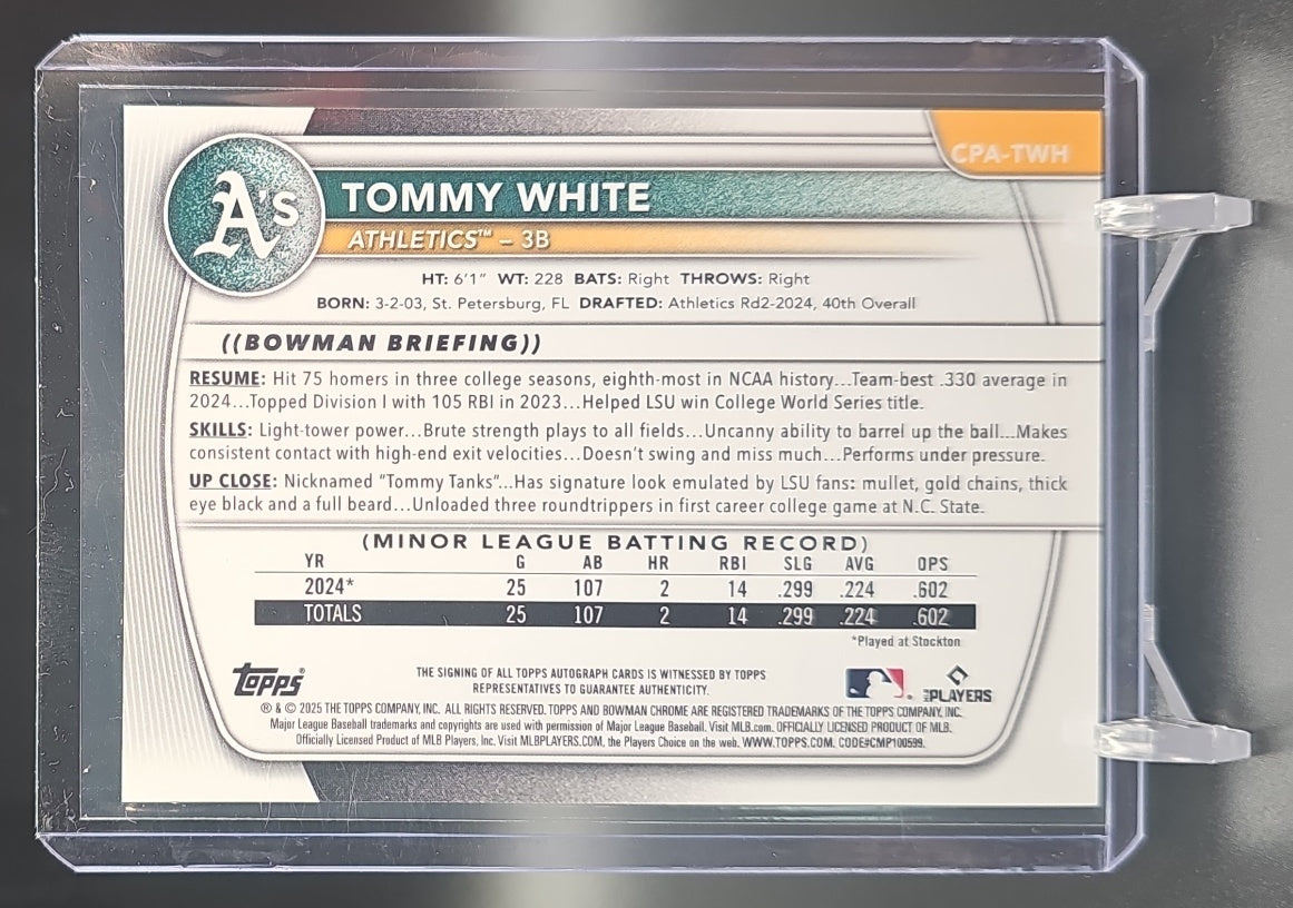 2025 Bowman Chrome Tommy White #CPA-TWH Auto Green Refractor /99 1st Prospect image 1